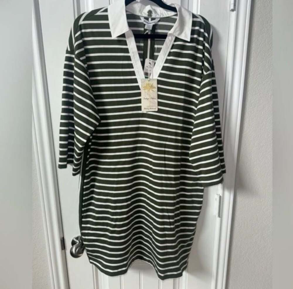 Tommy Bahama Jovanna Stripe 3/4 Sleeve Polo Neck Dress Olive Tree